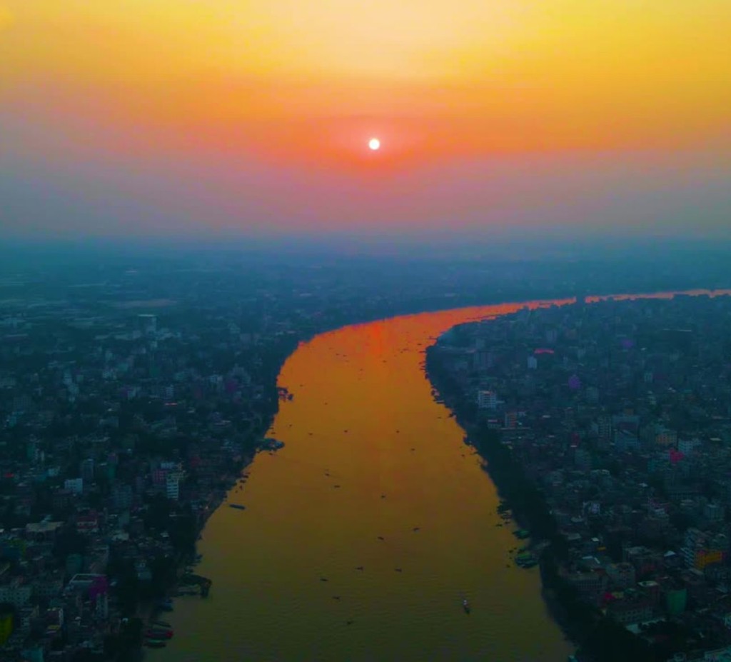 Aerial view of the river delta in Dhaka at sunset